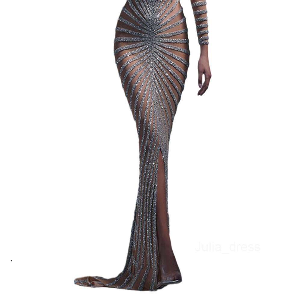 2024 Spring New Fashion Hot Diamond Womens Clothing Mesh Perspective Long Sleeve Split Long Dress