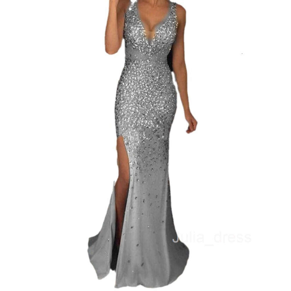 2024 New Womens Long Dress with V-neck Split Gold Splashing Dress