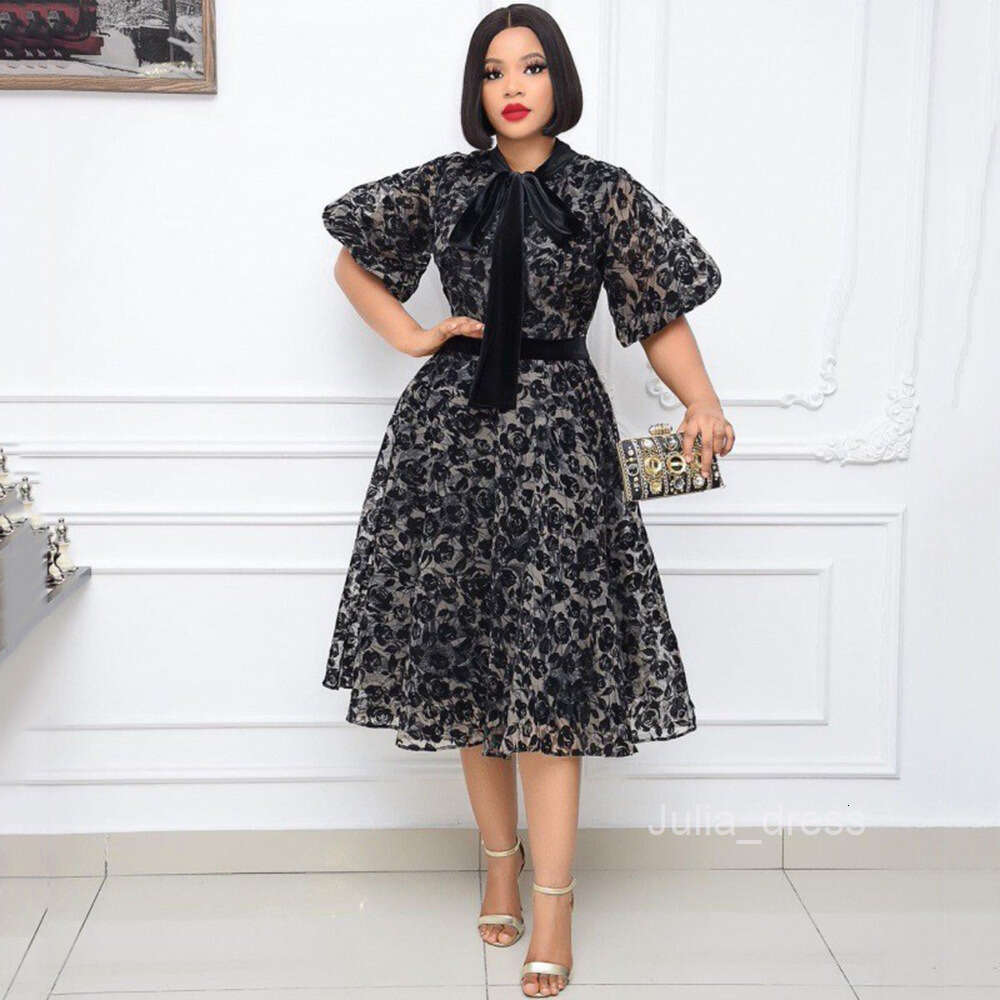 2024 Summer New Style Stand up Neck Black Flocking Dense Mesh Waist Tie Lace Splice Fashion Slimming Dress
