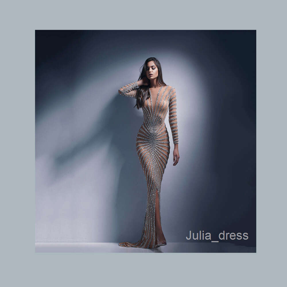 2024 Spring New Fashion Hot Diamond Womens Clothing Mesh Perspective Long Sleeve Split Long Dress