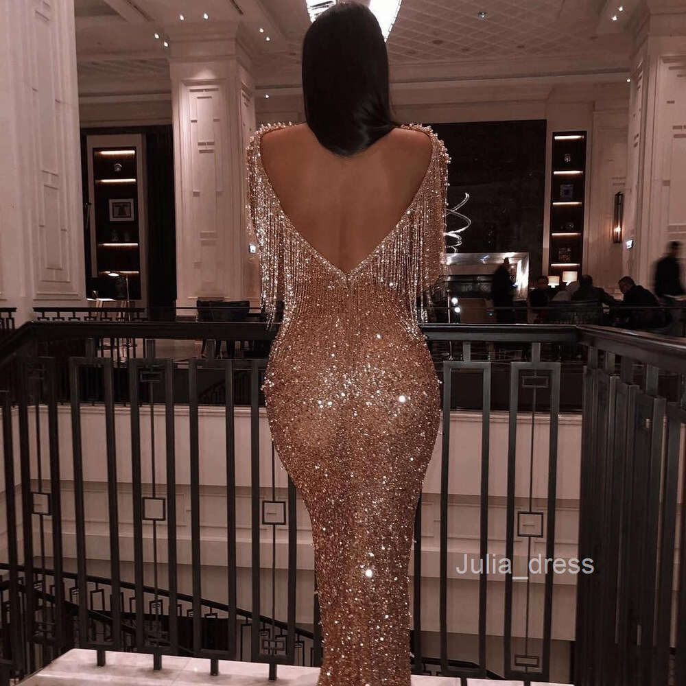 2024 Spring New Womens Long sleeved Casual Backless Golden Dress Long Dress