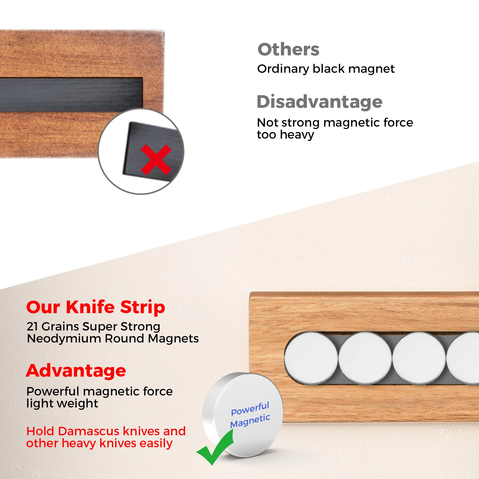 KEEMAKE Magnetic for Solid Powerful Magnet Wall Mount Acacia Wooden Knives Holder Kitchen Knife Strip dh3628137