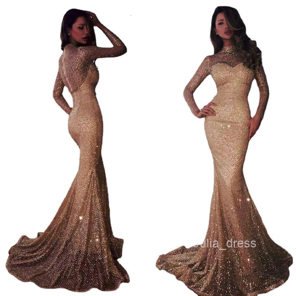 2024 Winter New Womens Dress Long sleeved Bra Sprinkled Gold Perspective Slim Fit Dress Fish Tail Dress