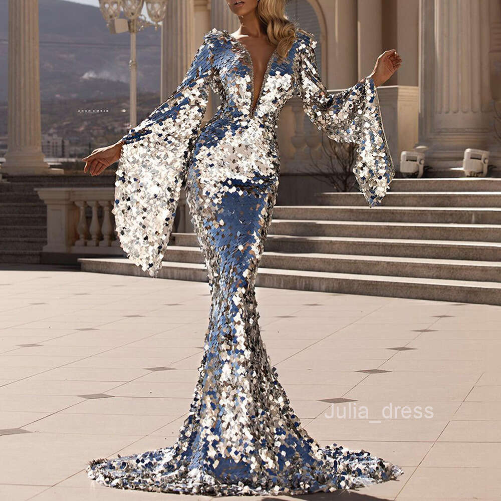 2024 New Womens Dress Sexy Sequin Silver Banquet Dress Wrapped Hip Evening Dress