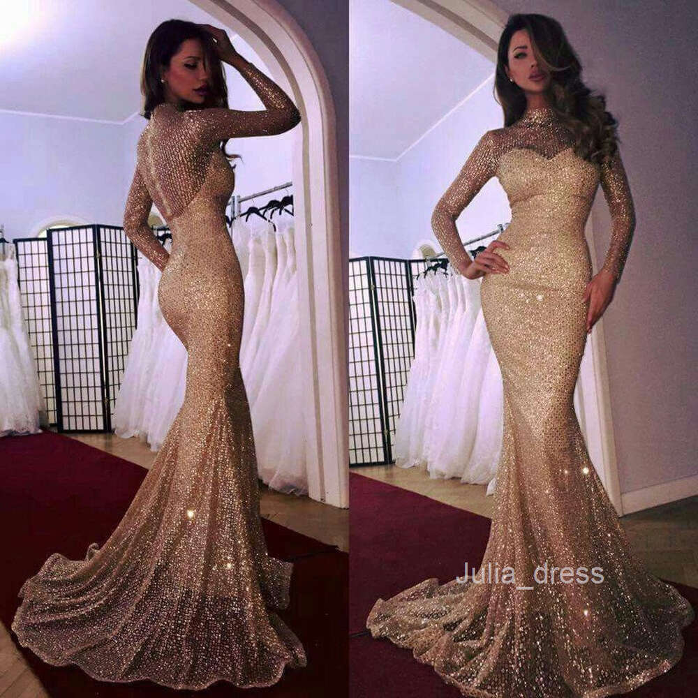 2024 Winter New Womens Dress Long sleeved Bra Sprinkled Gold Perspective Slim Fit Dress Fish Tail Dress