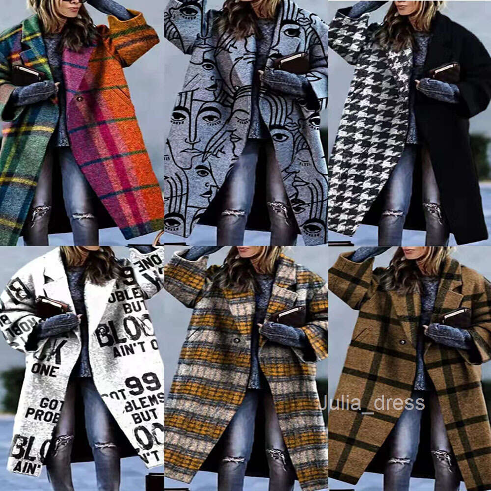 2024 New Autumn Womens Long sleeved Lapel Coat Printed Woolen Long Coat