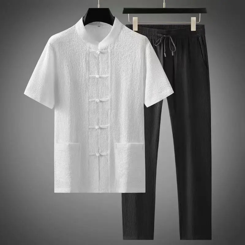 Summer Chinese Style Men Short Sleeve T-shirt Pants 2 Piece Set Mens Sports Solid color Suit Breathable Tracksuit 240518