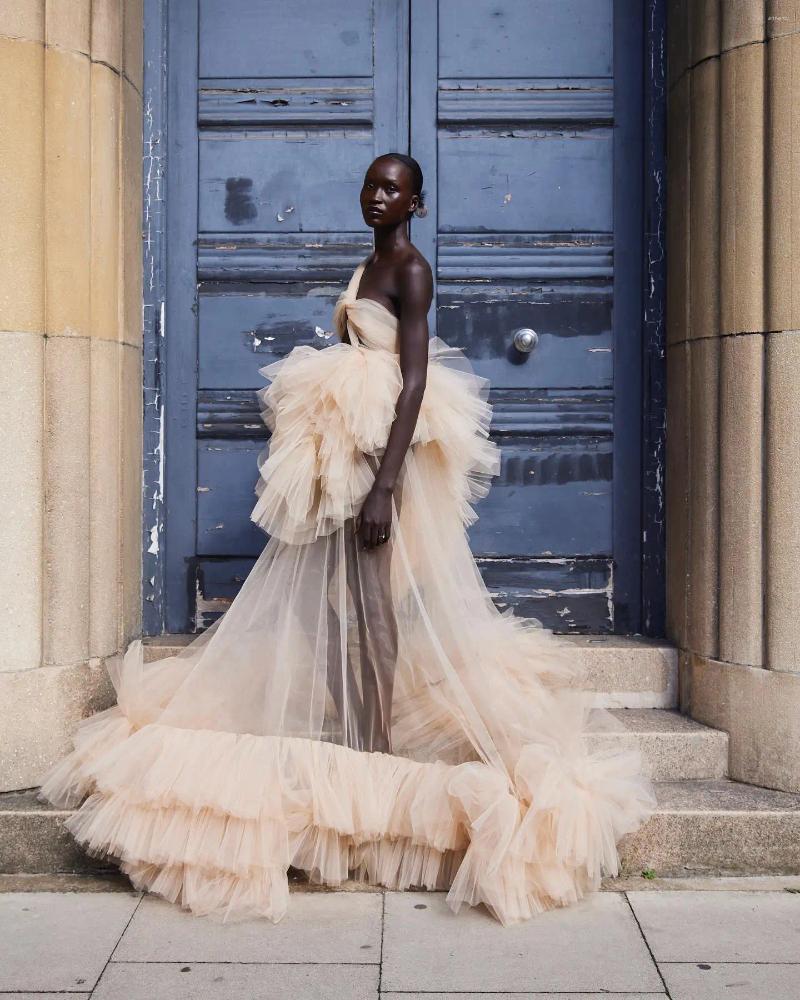 Casual Dresses Sexy See Thru Beige Tulle Long Women Robe Ruffles Tiered Bridal One Shoulder Maxi To Party