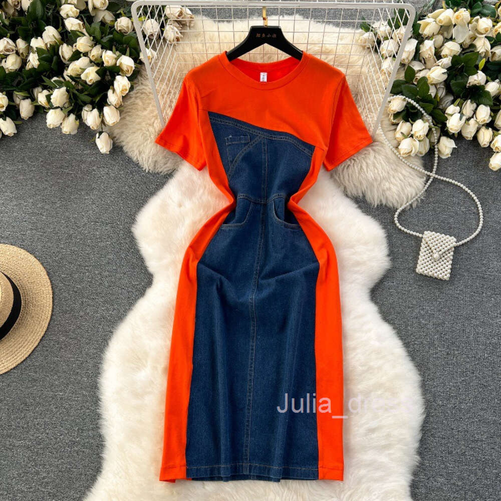 Korean style fashion design sense short sleeved contrasting color patchwork denim dress womens slim fit medium length wrapped hip skirt