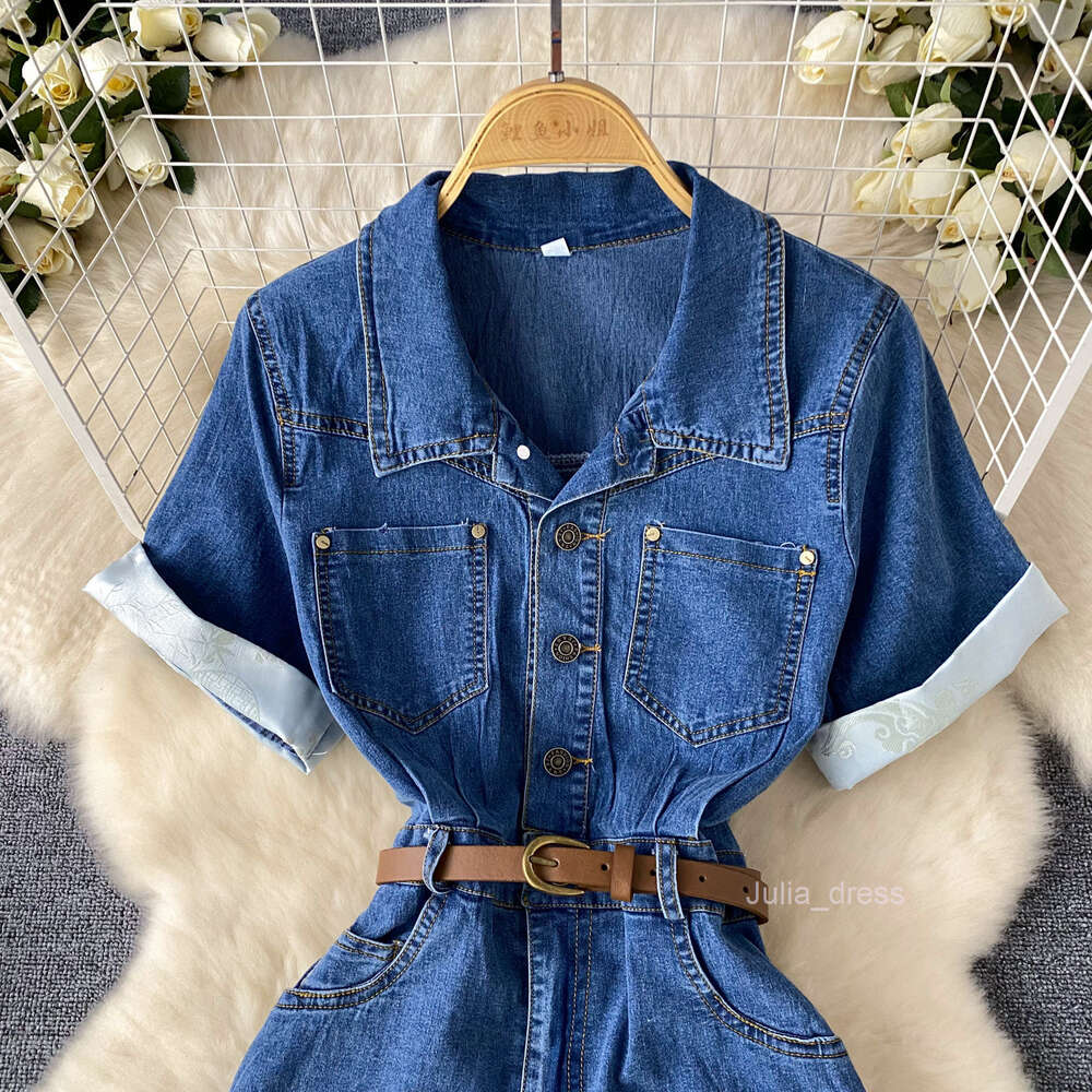 Korean version of minimalist and high-end Polo collar denim dress for womens summer belt slim and slit design temperament and long skirt