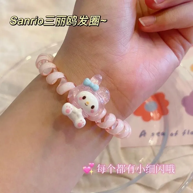 Kuromi Style Telephone Wire Cord Gum Hair Tie Girls Candy Color Elastic Hair Band Ring Rope Bracelet Stretchy Scrunchy