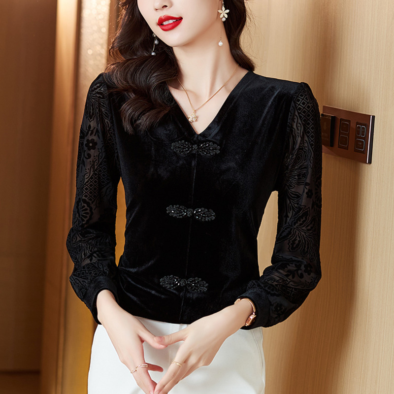 #1651 Spring Black Velvet T Shirt Women V-neck Buttons Vintage Long Sleeve T Shirt Slim Outerwear Womens Tee Shirts Korean Style