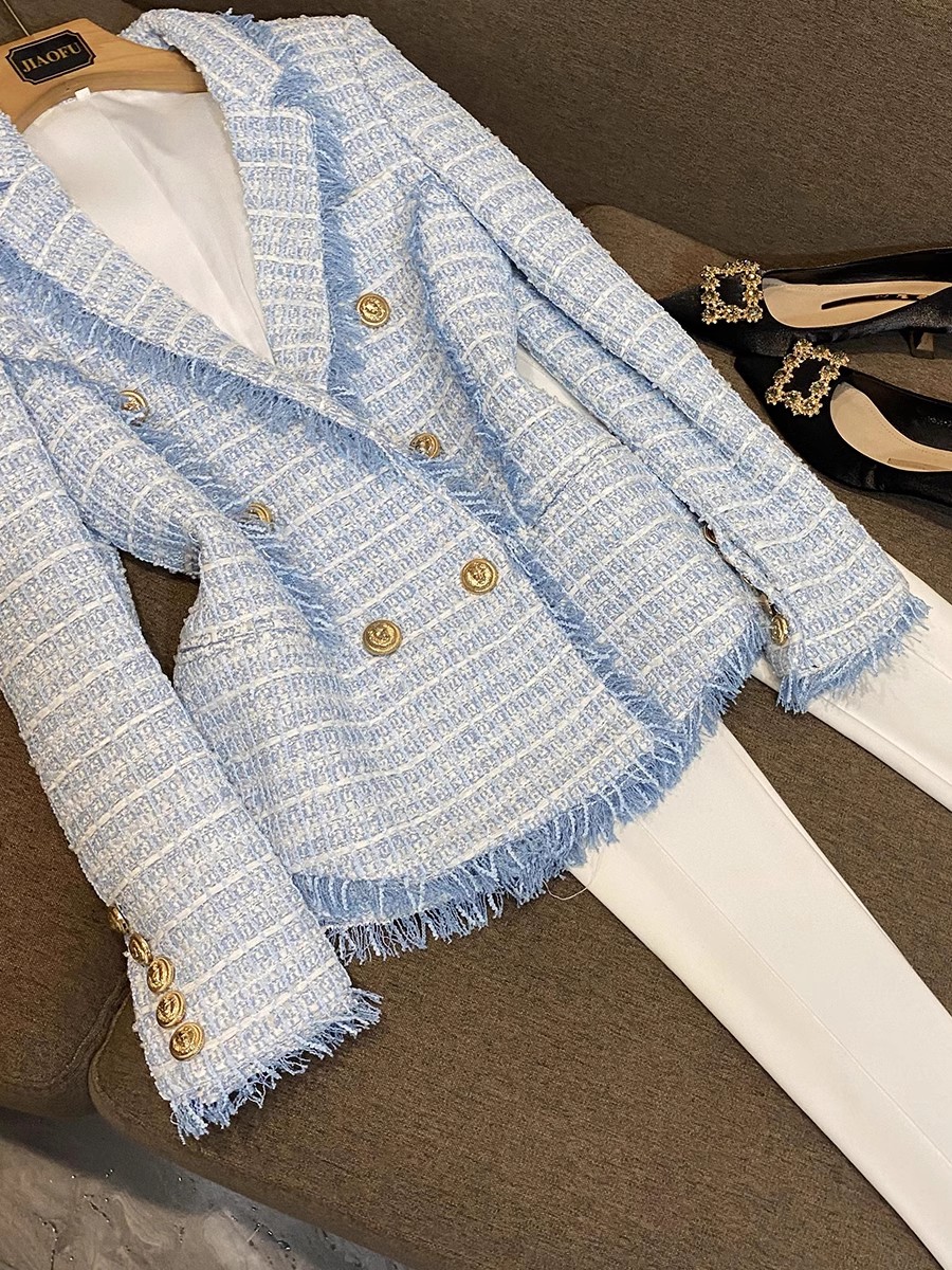 Spring Blue Houndstooth Panelled Tweed Blazers Long Sleeve Notched-Lapel Buttons Double-Breasted Outwear Coats O4W292332
