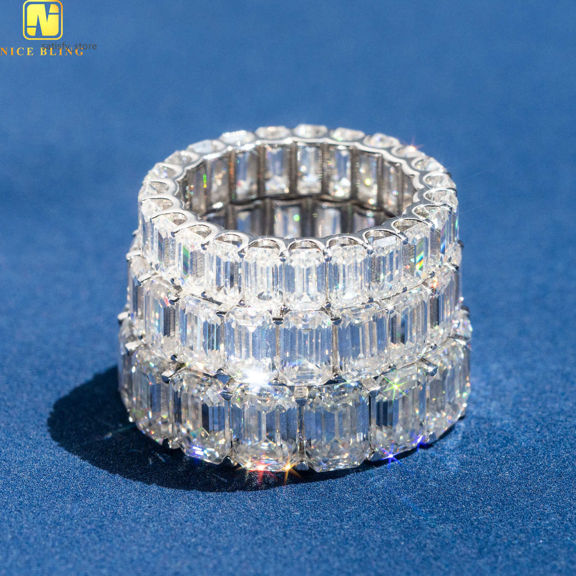 Sterg Sier S Men Gold Emerald Cut VVS Moissanite Dia Hip Hop Fine Jewelry Band Ring
