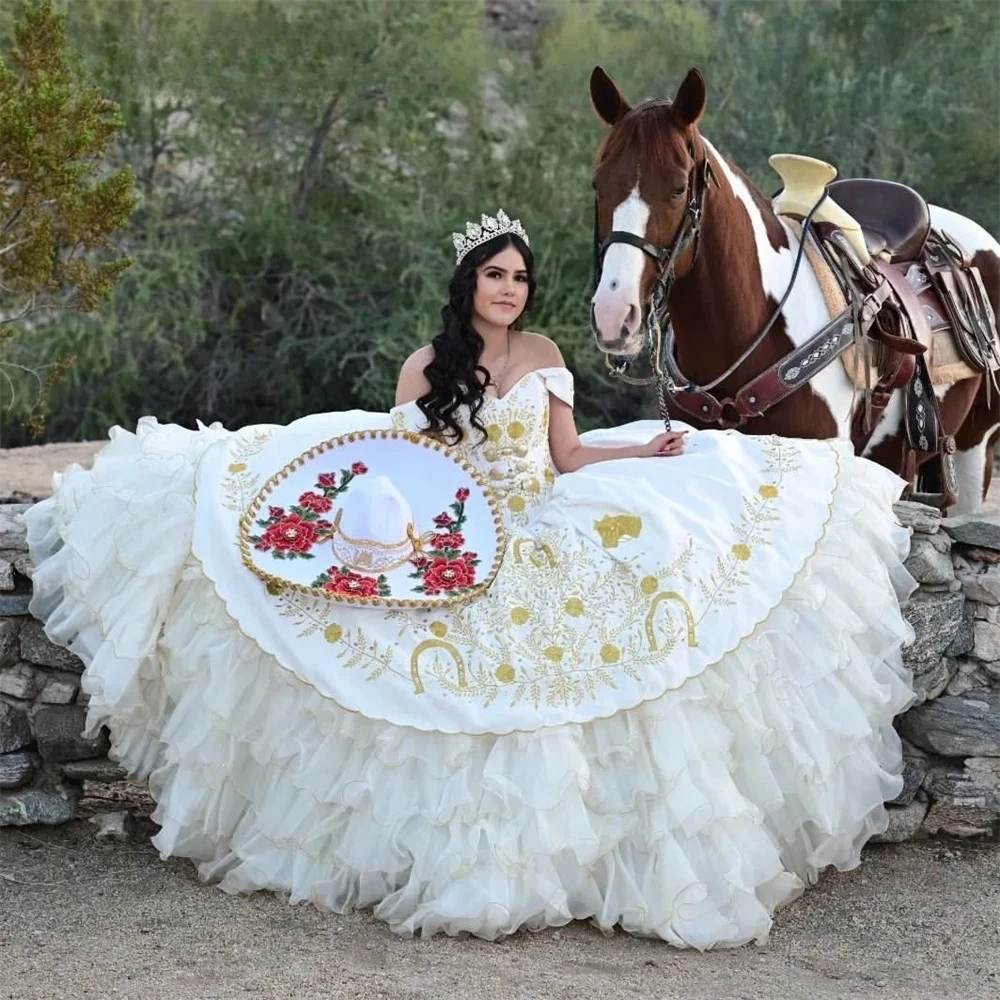Charro Princess Quinceanera Dresses Gold Embroidery Ball Gown Off The Shoulder Ivory Organza Ruffled Tiered Prom Sweet 16 Dress 15 Anos Mexican