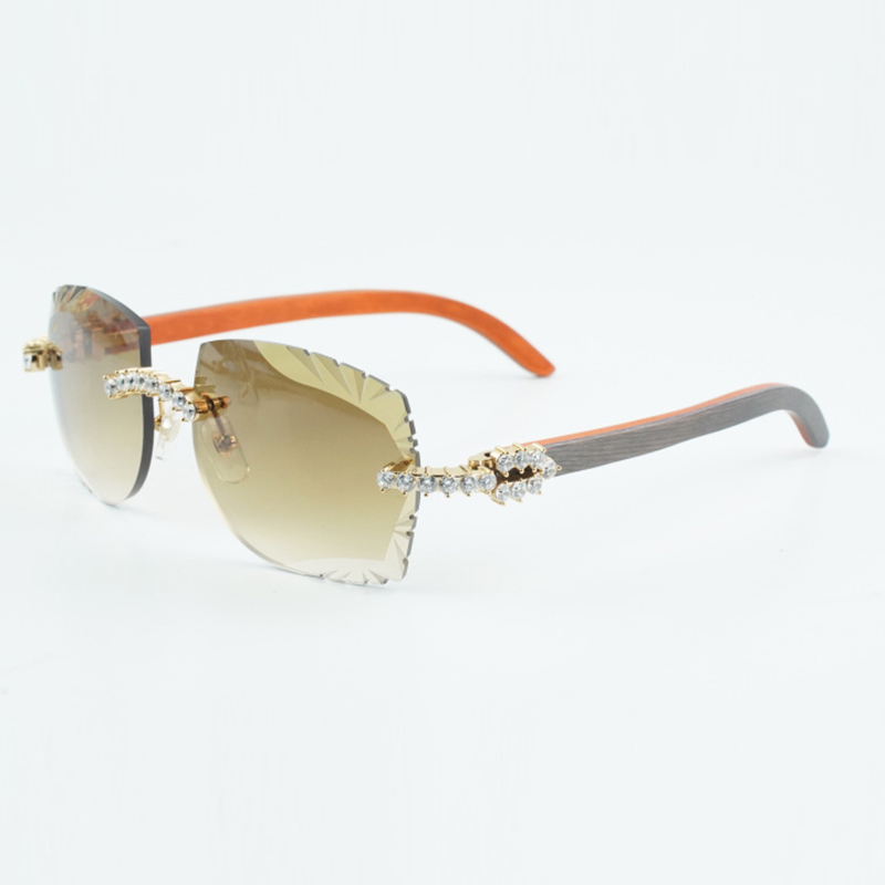 Direct selling fashionable new 5.0 mm diamond sunglasses 3524014-A natural orange wood legs large carved lens size 58-18-135 mm