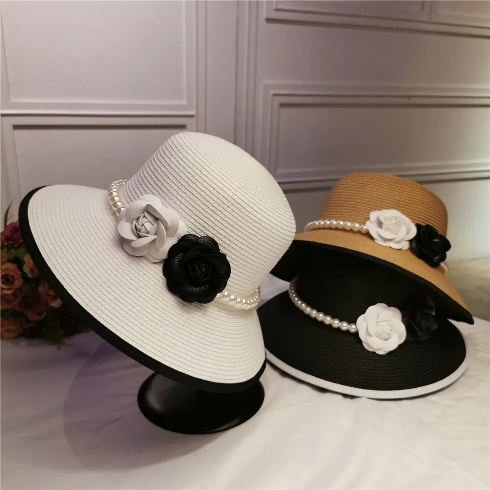 French retro elegant straw hat Hepburn pearl flower fisherman hat seaside holiday beach hat sunshade sunblock hat lady 240528