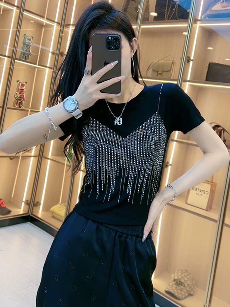 women designer clothes designer t shirt tshirt Crew Neck Diamond Short sleeve Rhinestone Polka Dot Cute Loose Breathable Kawaii size S-XL designer shi