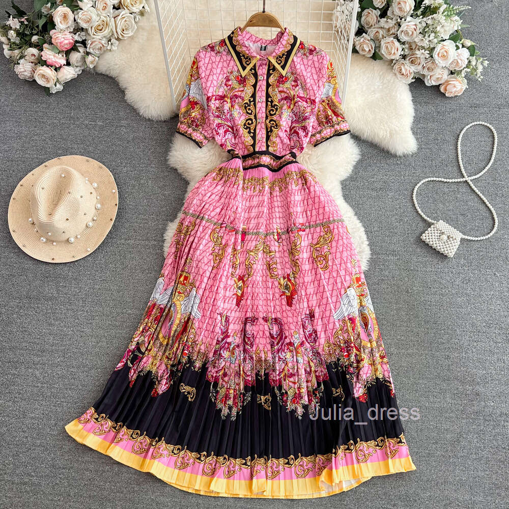 Spring New Fashionable Baroque Elegant Style Printed Polo Neck Short Sleeve Waist Slimming 100 pleated Dress