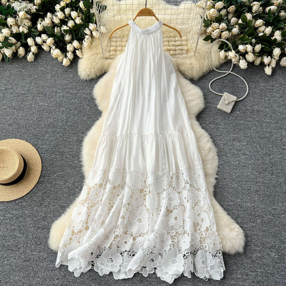 High end neck hanging holiday dress with a thousand gold style dress high-end light luxury niche embroidery hollowed out lace dress for women in summe
