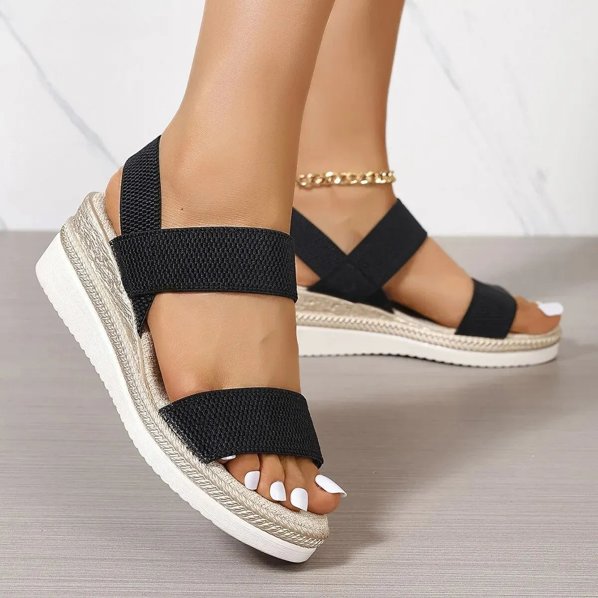 Stretch Fabric Knitted Wedge Sandals Women Back Elastic Band Platform Sandles Woman Super Size Summer Thick Sole Beach Sandalias 240528