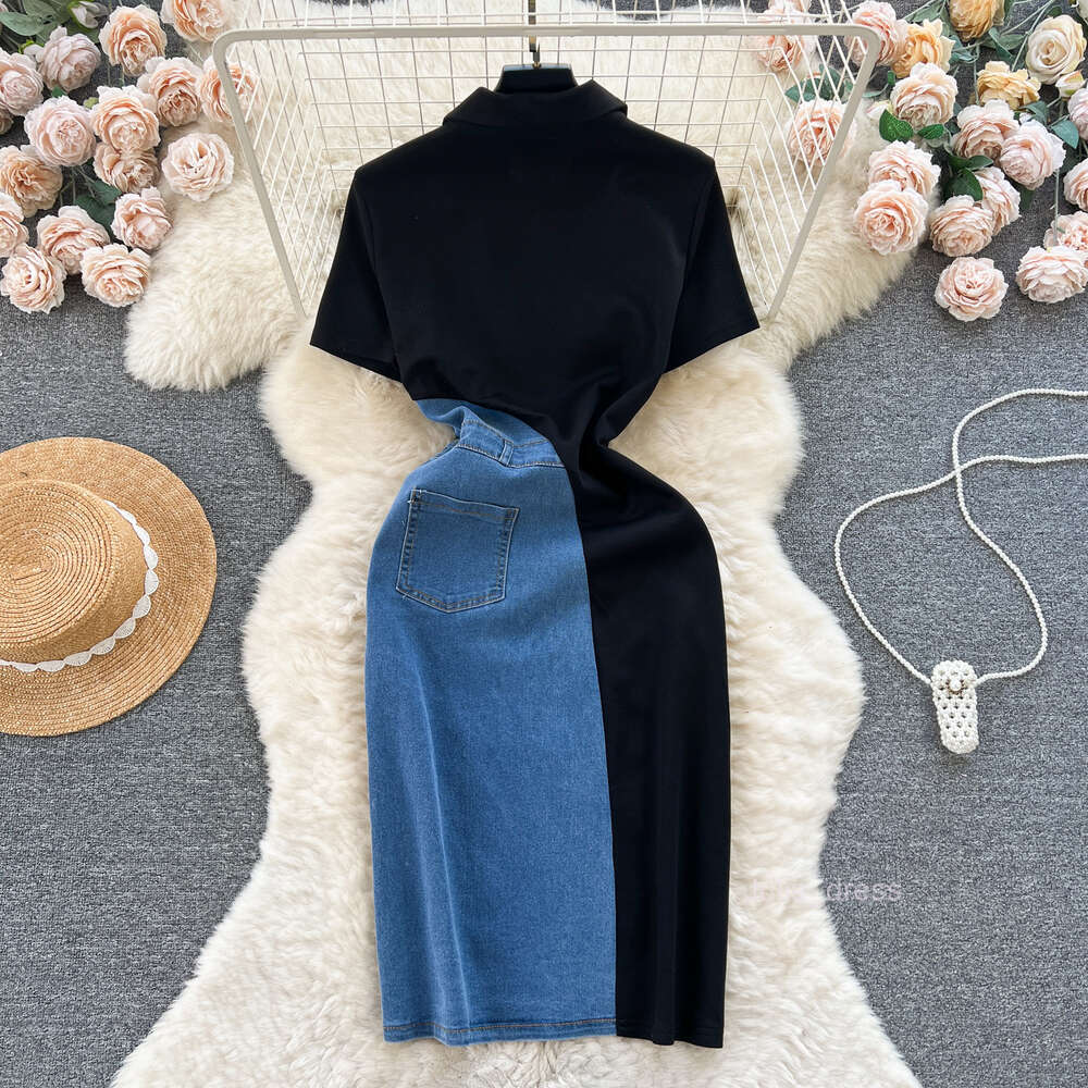 Chic denim skirt for women with contrasting color patchwork slim fit medium length short sleeved and elegant dress