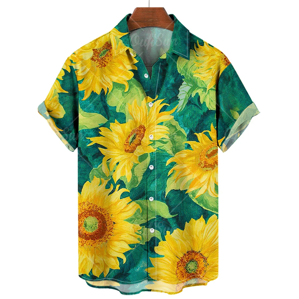 Summer Hawaiian Shirts Men's Shirts Sunflower Print Shirts for Men Lapel Short Sleeve Men's Clothing Loose Oversized Tops