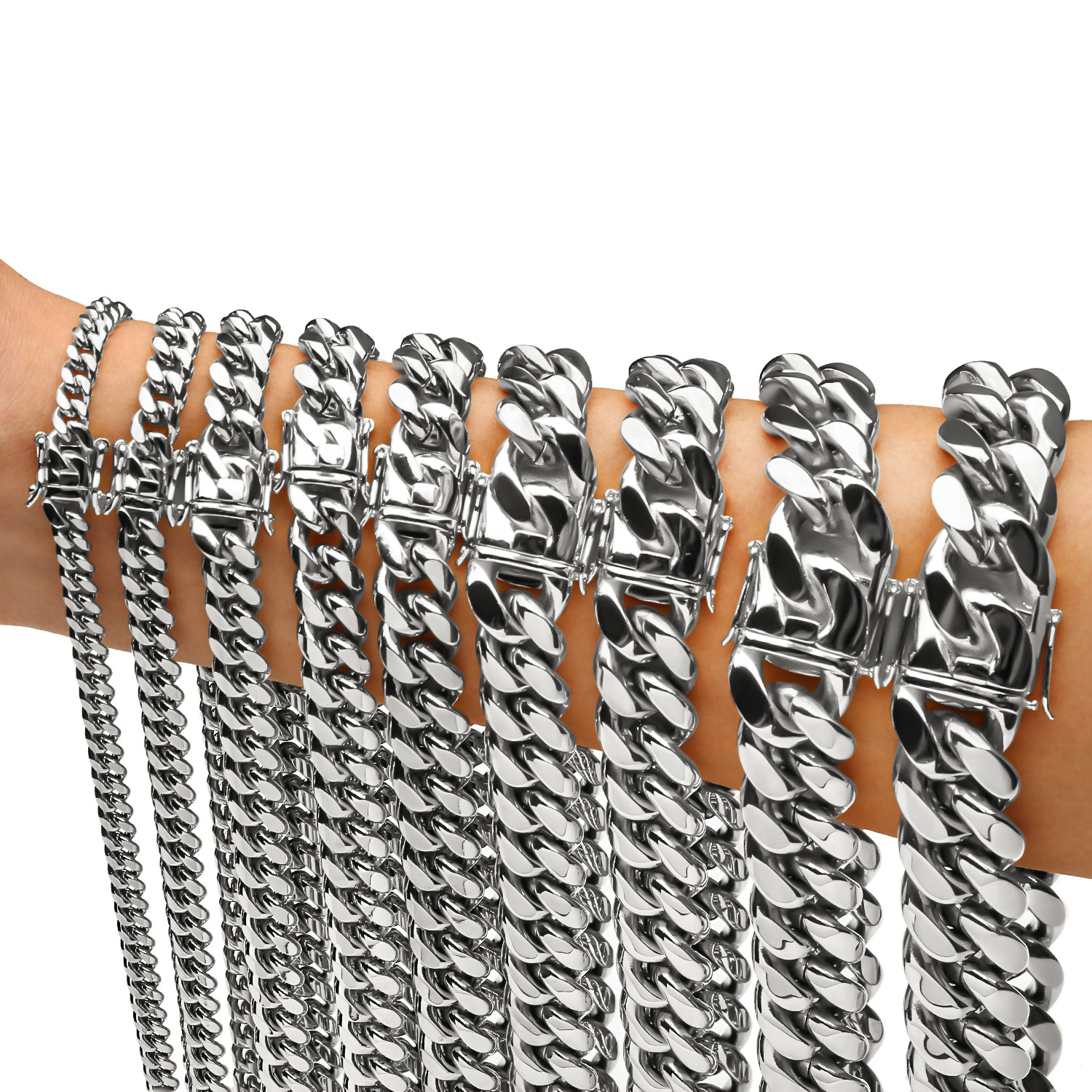 6-22mm Hip Hop Stainless Steel Miami Cuban Link Chain Necklace Silver Color Jewelry