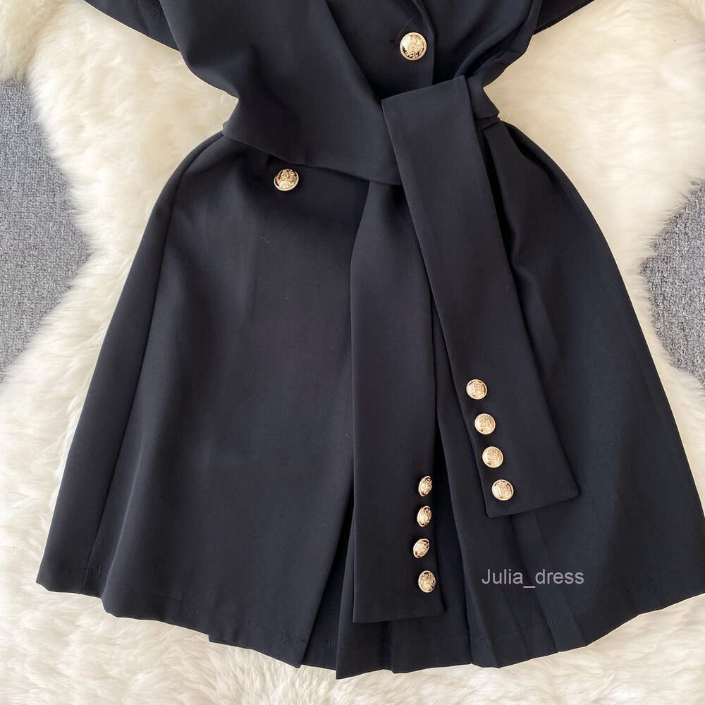 Small Design Sense Suit Polo Neck Sleeve Womens Summer Lace Up Waist Show Thin Temperament Casual Short Dress