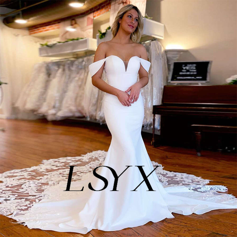LSYX Elegant Off-Shoulder Sweetheart Crepe Mermaid Wedding Dress 2024 Illusion Back Lace Court Train Bridal Gown Custom Made 0603