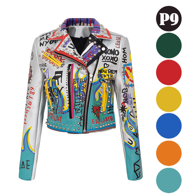 0C244M43 Women's Leather Faux Luxury Fashion Customized Clothes for Women European Locomotive Punk Spring and Autumn Short Style Letter Printing