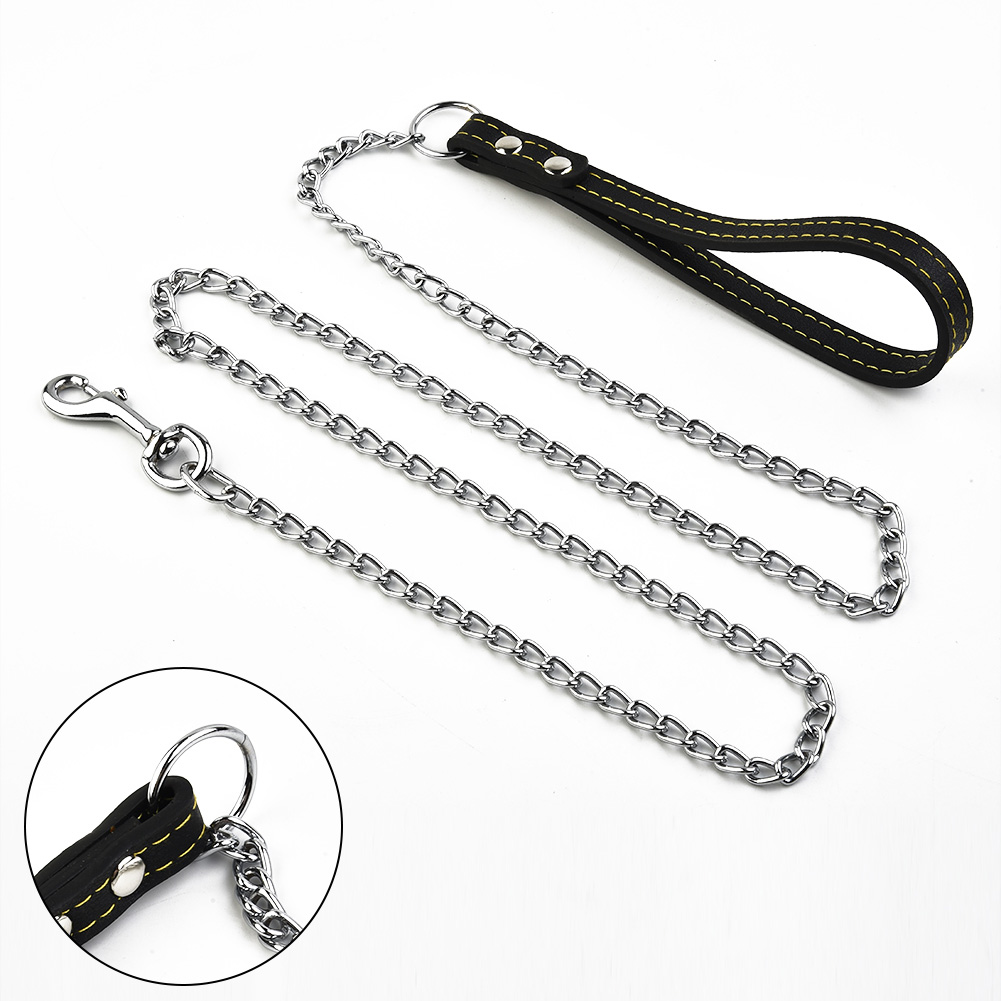 Metal Chain Dog Leash Leather Handle dog collar Dog walking rope Pets Supplies Durable strong control
