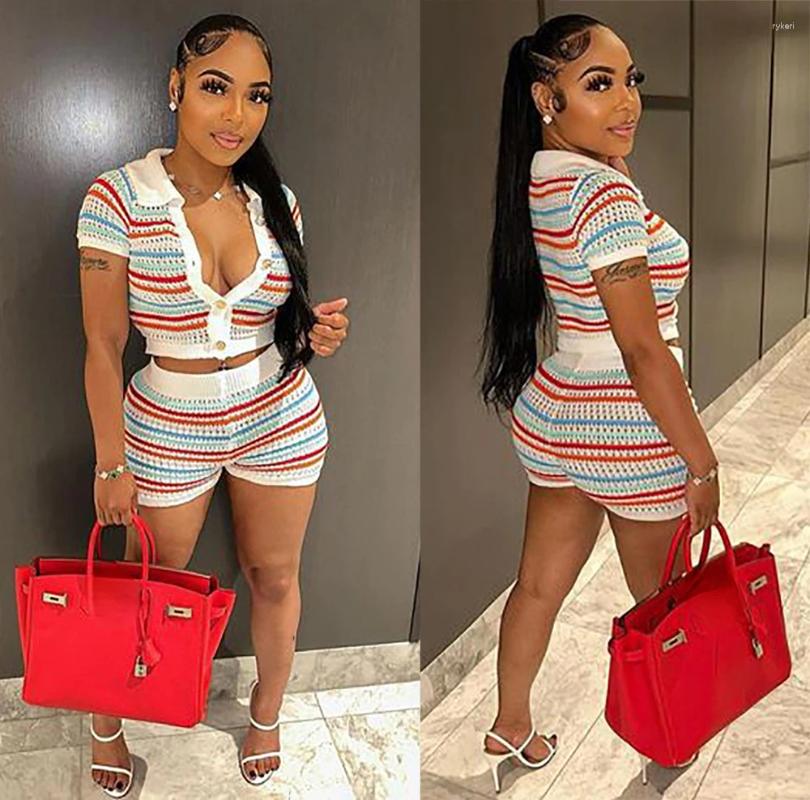 Womens Tracuits Women Outfit Suits Summer Casual Two-piece Set Stripes Turn Down Collar Short-sleeved T-shirts And Knit Shorts Pants 2