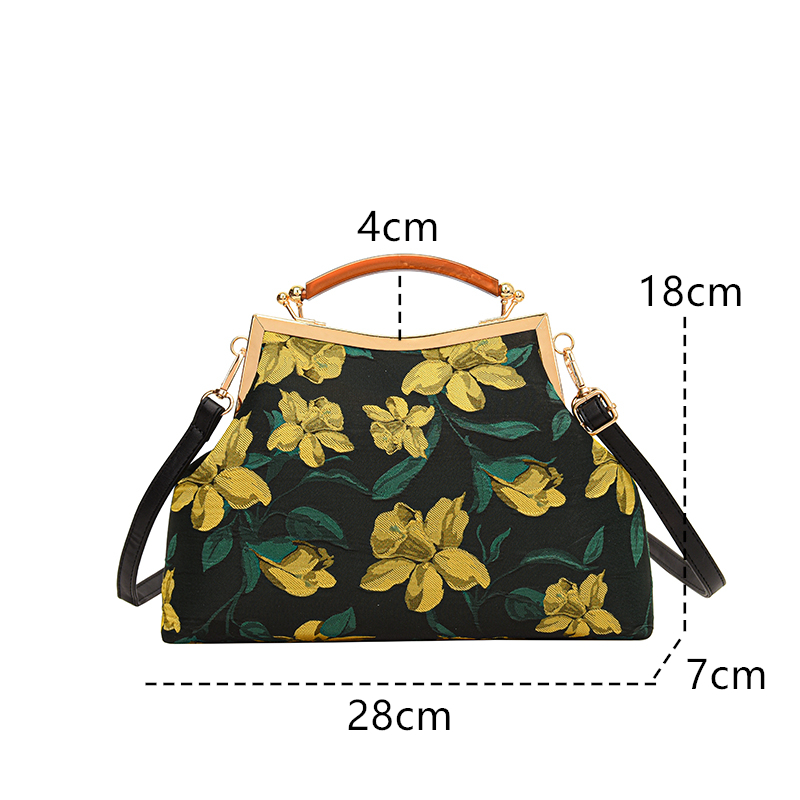 Vintage Flower pattern Evening Bag Wood Handle Clutch Antique Kiss Lock Shoulder Crossbody Bag Kiss Lock Frame Handbag Purse Sac