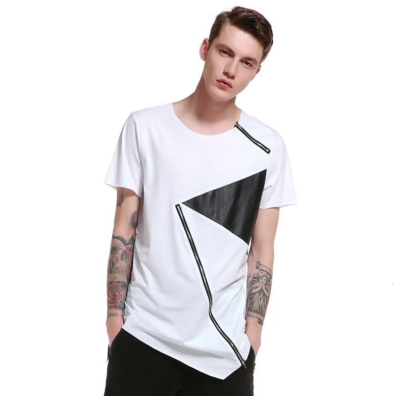 T Shirt Men Personality tailoring Long Patchwork Leather Zipper T-shirt Men Hiphop Short Sleeve Longline Casual Top Tee 240527