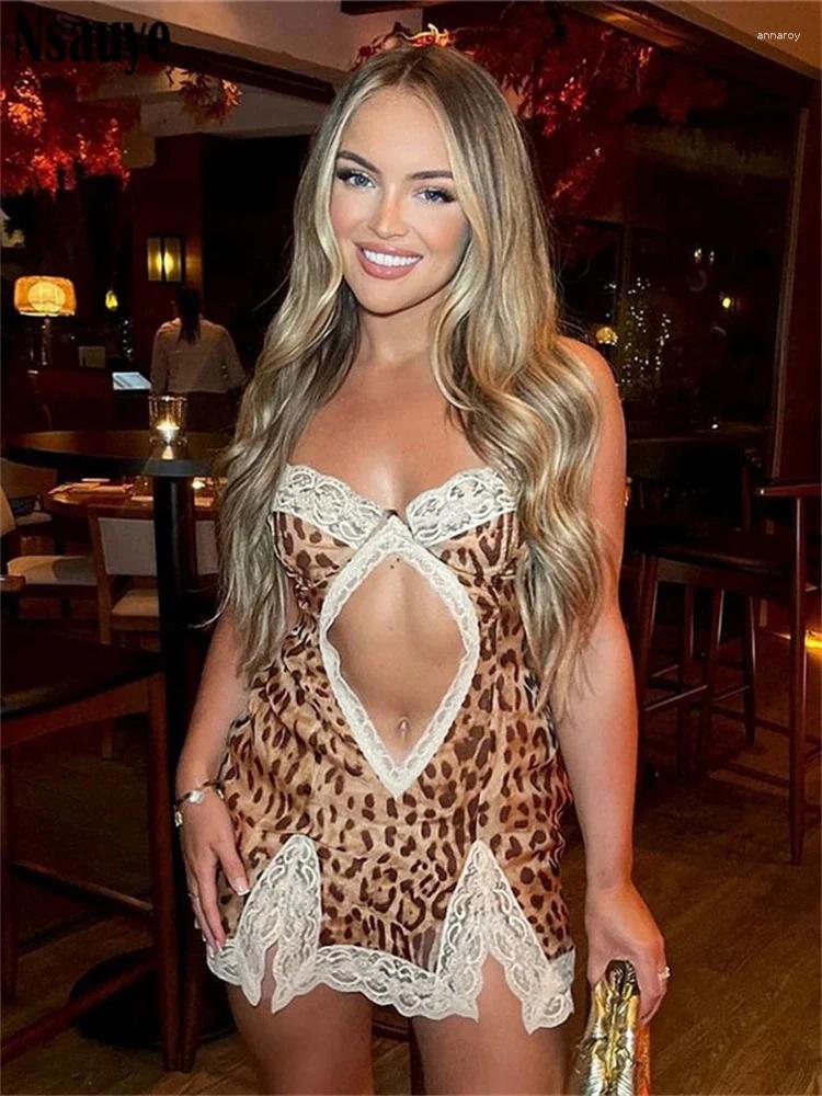 Casual Dresses Hollow Out Leopard Print Sleeveless Backless Mini Night Club Sexy Women 2024 Summer Lace Elegant Ladies Sundress