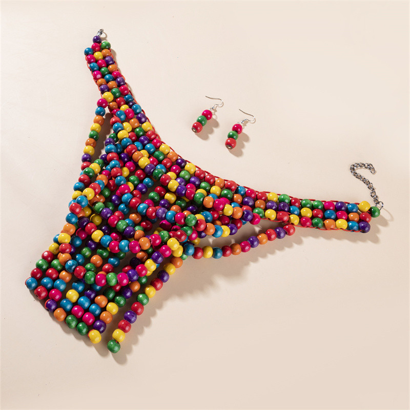 1 Pcs Ethnic Colorful Wooden Bead Necklace Earring Set Exaggerated Bohemian Tassel Party Women Jewelry Set