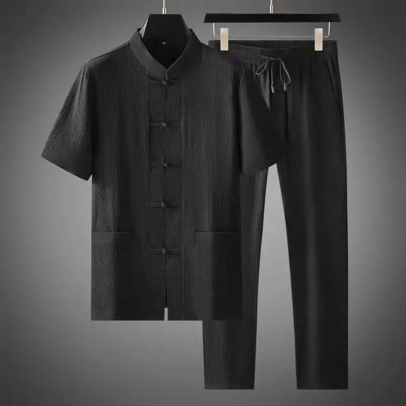 Summer Chinese Style Men Short Sleeve T-shirt Pants 2 Piece Set Mens Sports Solid color Suit Breathable Tracksuit 240518