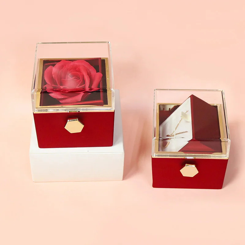 Rotation Rose Jewelry Gift Box Valentines Day Marriage Acrylic Ring Boxes Necklace Storage Rose Jewelry Display Rack 240528