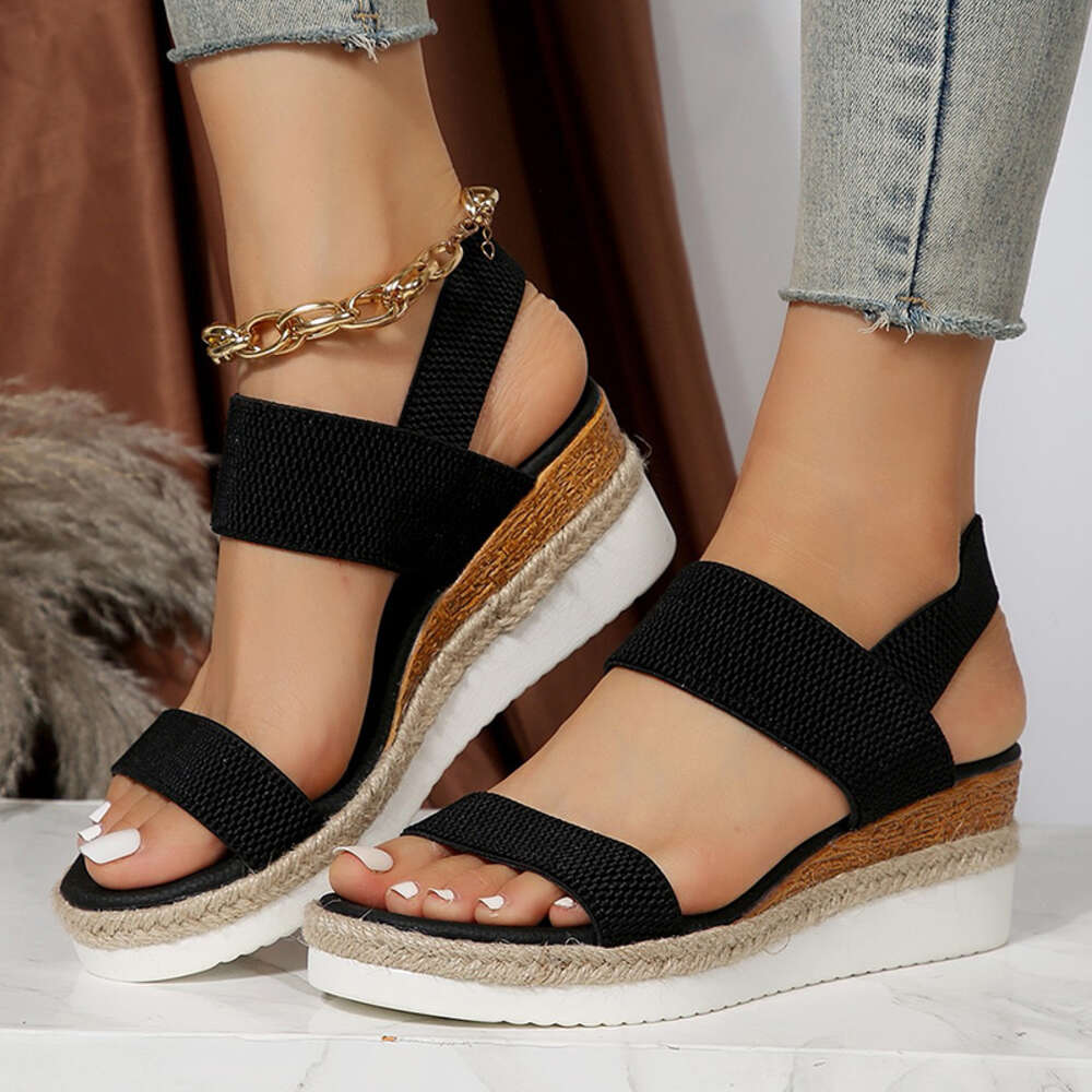 Knitted Stretch Fabric Wedge Sandals Women Back Elastic Band Platform Sandles Woman Super Size Summer Thick Sole Beach Sandalias Ddmysaturn