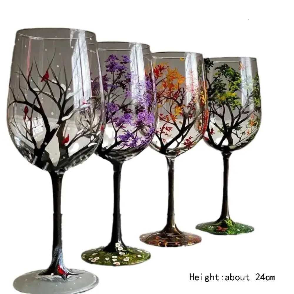 Four Seasons Tree Wine Glass Creative Printing Long Legged Glass Cup for Wine Beer Cocktail Large Capacity Glass Cup Set 240524