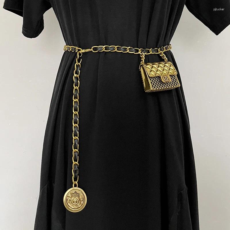 Belts Women's Runway Fashion Gold Metal Chain Bag Cummerbunds Female Dress Corsets Waistband Decoration Narrow Belt TB2939