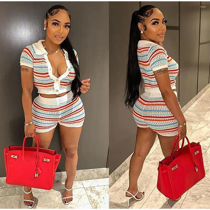 Womens Tracuits Women Outfit Suits Summer Casual Two-piece Set Stripes Turn Down Collar Short-sleeved T-shirts And Knit Shorts Pants 2