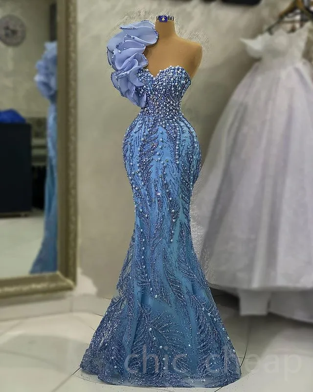 Aso May Ebi One Shoulder Prom Pearls Mermaid Sequined Lace Evening Formal Party Second Reception Birthday Engagement Gowns Dress Robe De Soiree 0529 0