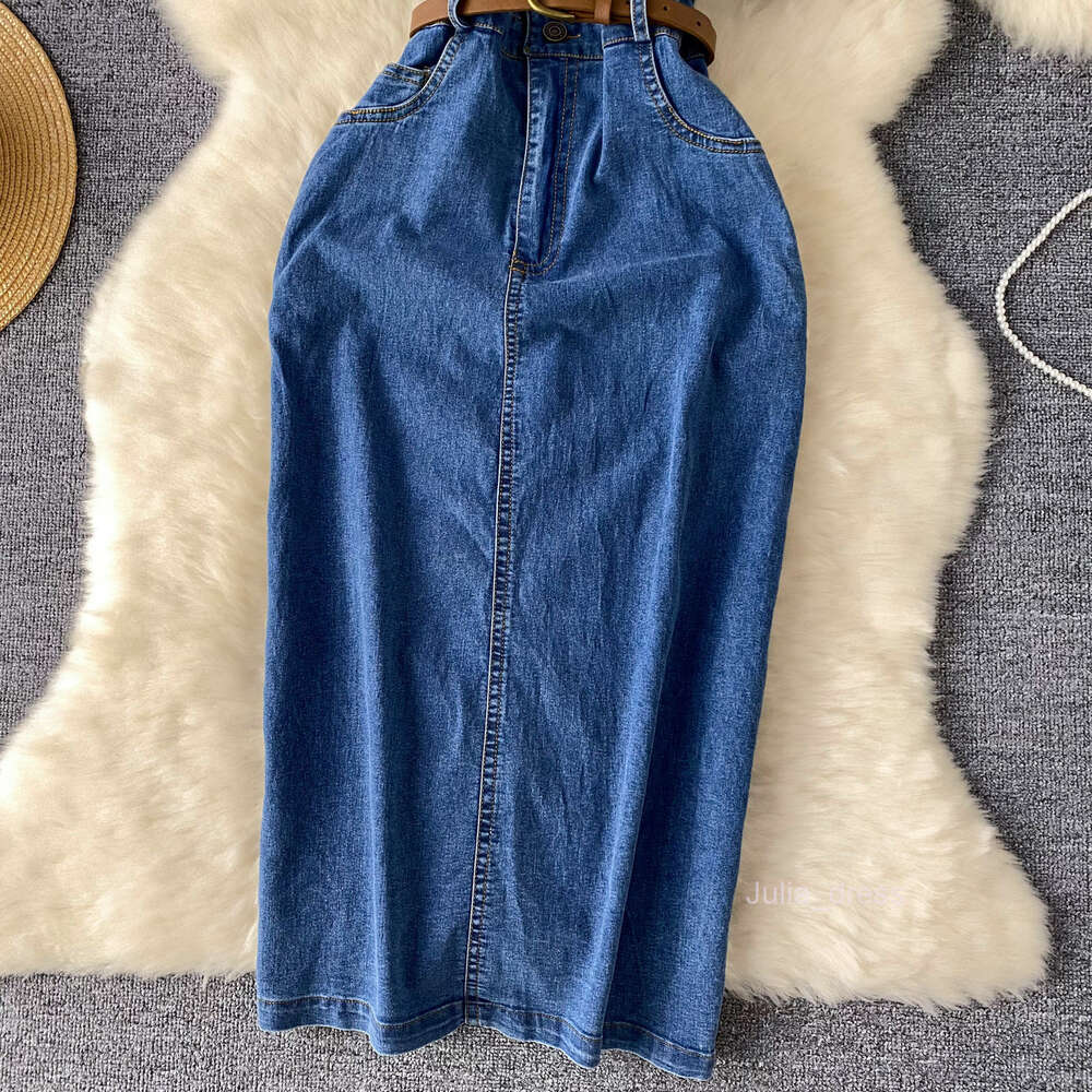 Korean version of minimalist and high-end Polo collar denim dress for womens summer belt slim and slit design temperament and long skirt