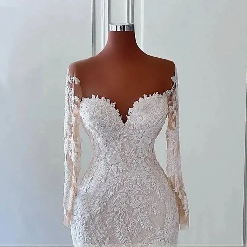 Gorgeous Mermaid Wedding Dress 2024 Sheer Neck Long Sleeves Lace Beads Bridal Party Gowns Custom Made Vestidos Noiva Robe De Mariee Bc14202 0618