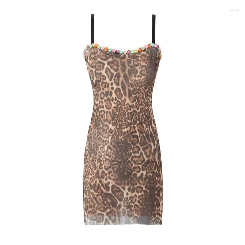 Casual Dresses Leopard Print Flower Slip Party Dress Women Sexy Hip Package Sleeveless A-line Female 2024 Summer Slim Lady Robe