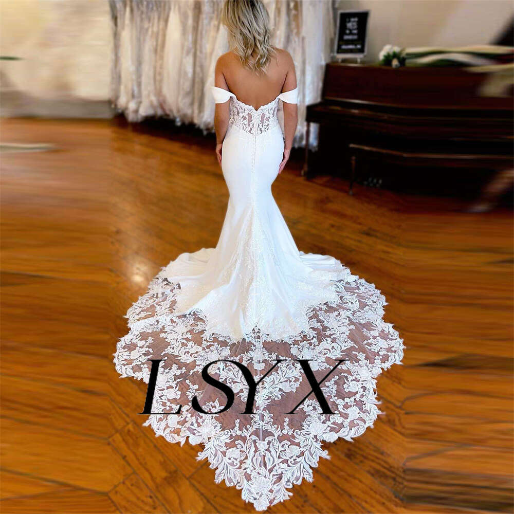 LSYX Elegant Off-Shoulder Sweetheart Crepe Mermaid Wedding Dress 2024 Illusion Back Lace Court Train Bridal Gown Custom Made 0603