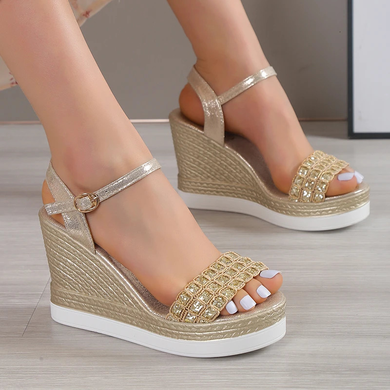 Gold Silver Glitters Wedge Sandals Women Buckle Strap Chunky Platform Sandles Woman Summer Non-Slip Thick Sole Sandalias Mujer 240528