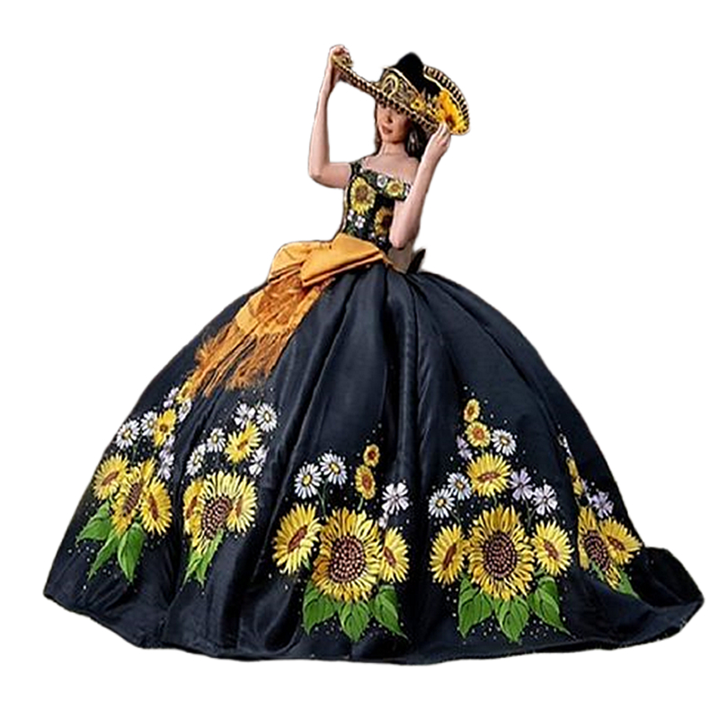 Charro Black Ball Gown Quinceanera Dresses Suower Embroidery Off The Shoulder Satin Long Sweet 16 Dress Beaded Mexican Vestido De 15 Anos 2024 0220